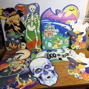 9 Vtg Eureka 2 Sided Flocked Halloween Wall Decorations Die Cut Ghosts Cats